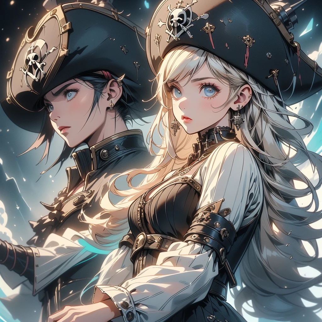 Pretty Pirate 、1girl,((( Dynamic Best Composition 、 super detailed 、 high definition、 top quality、 Masterpiece、 Official Art 、 Perfect Anatomy)))、 Milky White and Light Blue Gradation Hair Color、 Gothic Pirate Fashion 、 Pirate Hat 、 Cute Eyepatch 、 neon color、hologram、