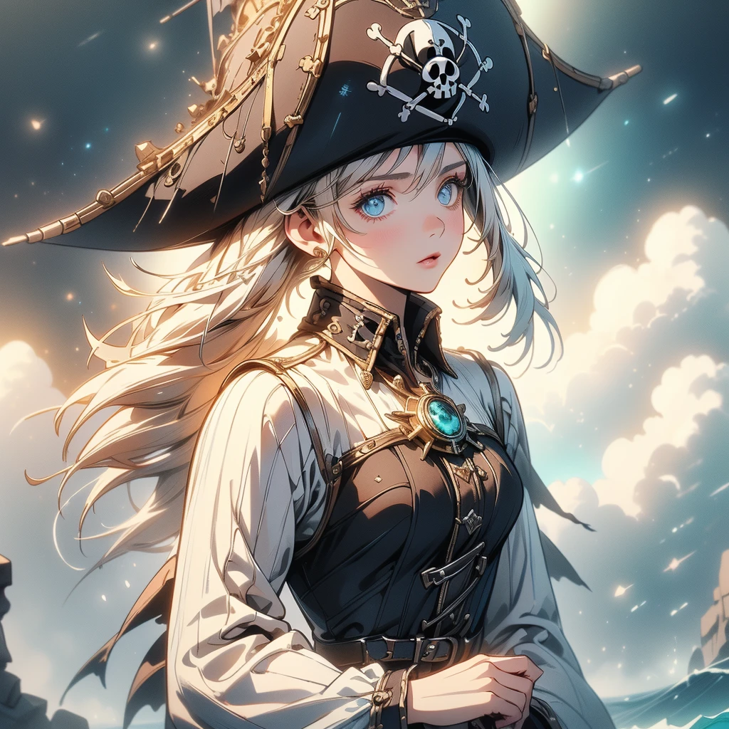 Pretty Pirate 、1girl,((( Dynamic Best Composition 、 super detailed 、 high definition、 top quality、 Masterpiece、 Official Art 、 Perfect Anatomy)))、 Milky White and Light Blue Gradation Hair Color、 Gothic Pirate Fashion 、 Pirate Hat 、 Cute Eyepatch 、 neon color、hologram、