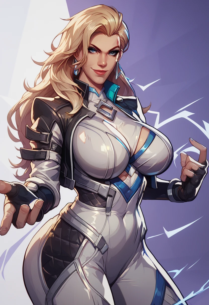 (huge breasts:1.2), score_9, score_8_up, score_7_up, score_6_up, expressiveh, dagger_rivals, 1girl, solo, cowboy shot, blonde hair, long hair, eyeliner, blue eyes, moon mark, earrings, from front, cropped jacket, bodysuit, white bodysuit, white clothes, fingerless gloves, blue details, looking at viewer, purple background, geometric shapes score_9, score_8,score_7, score_6,perfect quality, best quality, skin texture, 1girl, indoors, cowboy shot,,seductive,dynamic pose, gotonai_dagger,blonde,jacket, bodysuit, face tattoo,smile,looking at viewer, smirk,dynamic pose:1.2, (white background, simple background:1.3)
