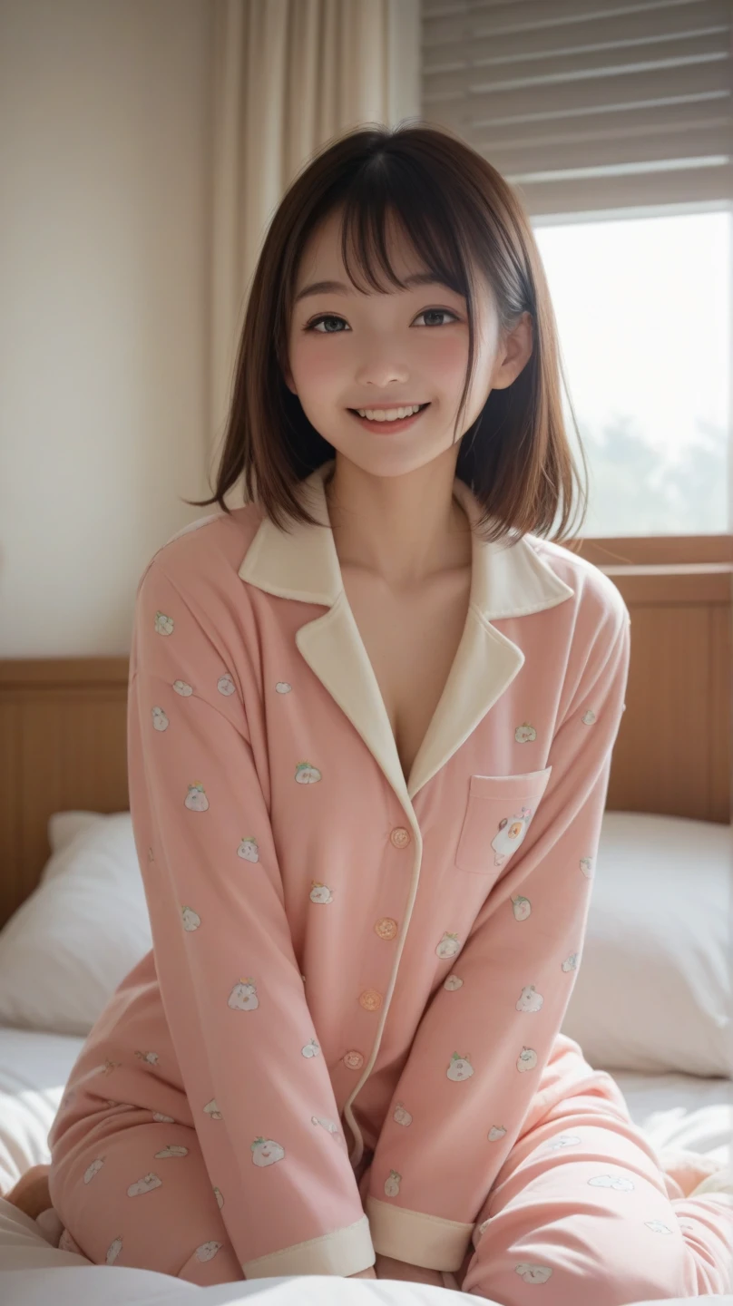 (score_9,score_8_up,score_7_up,Extremely high quality pictures ),  1 girl , Alone、Teenage Japanese woman 、In pajamas、I have a slight chest、 upper body raised in bed、 looking at me with a smile 、Bright sunlight coming through the window 、（ full body）、