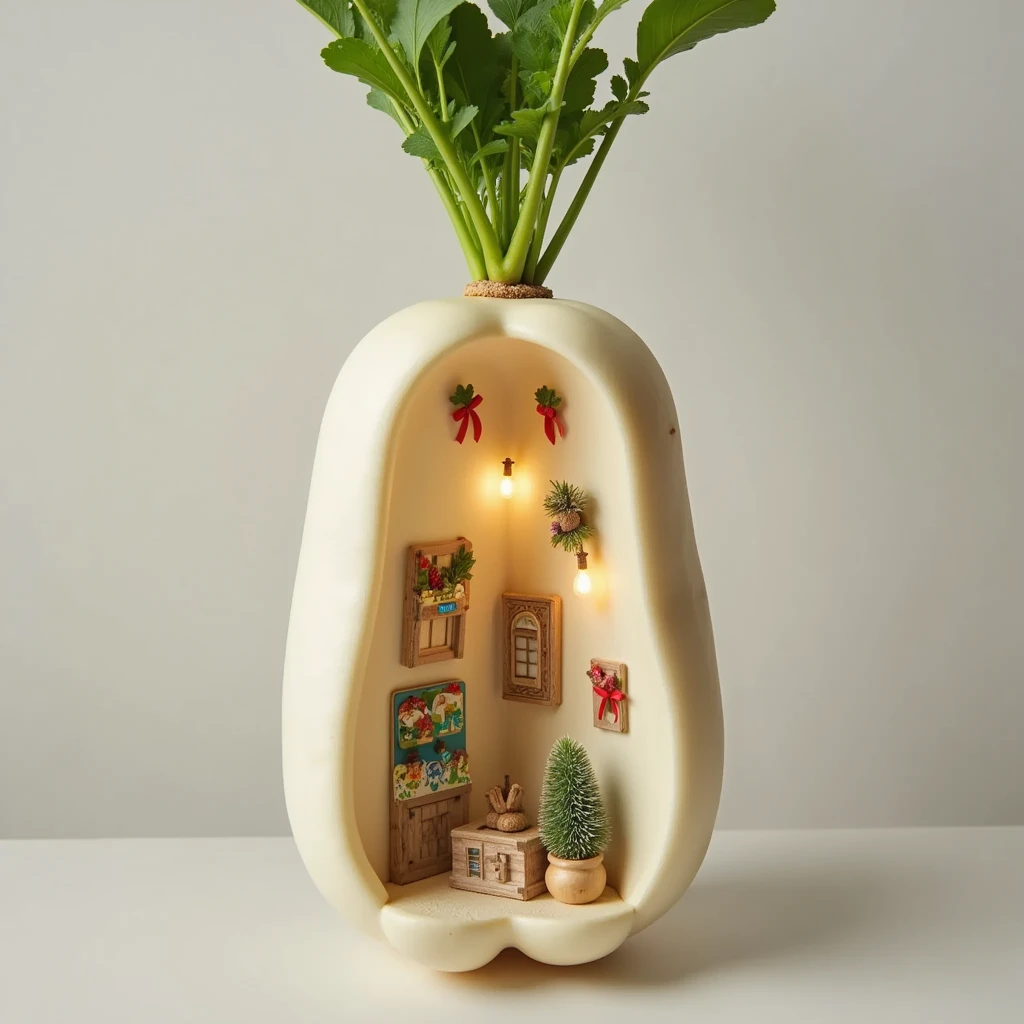 This scene depicts "The World Inside a Daikon." The radish is cut in half, revealing a detailed room within. The interior is wooden, featuring warm hues characteristic of natural wood. The room is adorned with Christmas decorations, including red and green ribbons, golden ornaments, and a small Christmas tree. Softly glowing light bulbs create a cozy atmosphere. Handmade Christmas cards hang on the walls, and outside the window, snow gently falls. Overall, the scene presents a fantastical and dreamlike space, evoking warmth and joy for the viewer.