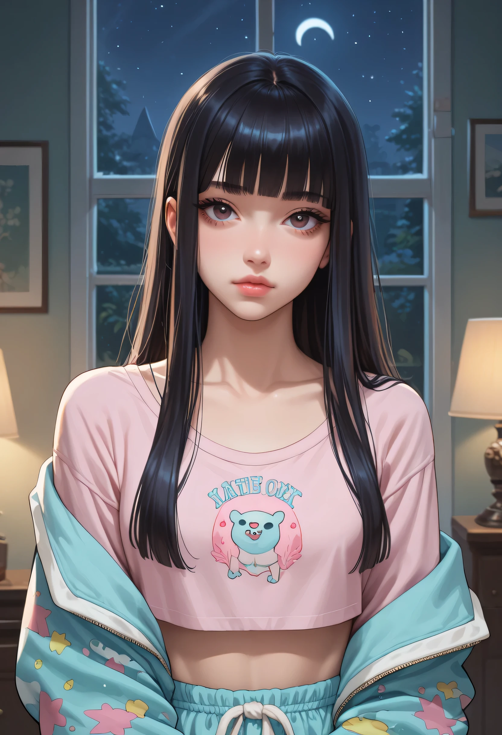 1girl, pastel colores pajama topped crop, DARK HAIR, hime cut, looking at viewer, livingroom back. (Slim Body), portrait. (NIGHT:1.4).