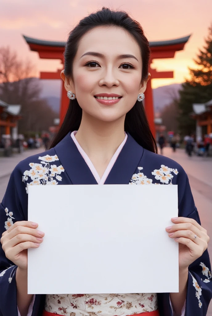  Front view, Name is Zhang Ziyi ,  1 woman, beautiful young Chinese woman,  30-age, (black hair, middle hair , fringe, beautiful dark blue eye, smile), (C cup breasts, wide hip), ( Japanese traditional Dark blue Kimono, kimono's below  flower pattern , White obi with flower pattern ) , White board hold both hands, writing word "Welcome Fukutsu City" front Shinto shrine, The Road of Light , sunset, (super detail, high details, high quality, accurate, anatomically correct, textured skin, beautiful fingers super detail, high details, high quality, best quality)