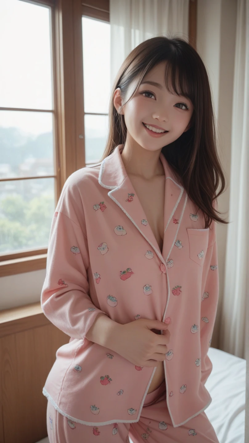 (score_9,score_8_up,score_7_up,Extremely high quality pictures ),  1 girl , Alone、Teenage Japanese woman 、In pajamas、I have a slight chest、 upper body raised in bed、 looking at me with a smile 、Bright sunlight coming through the window 、（ full body）、