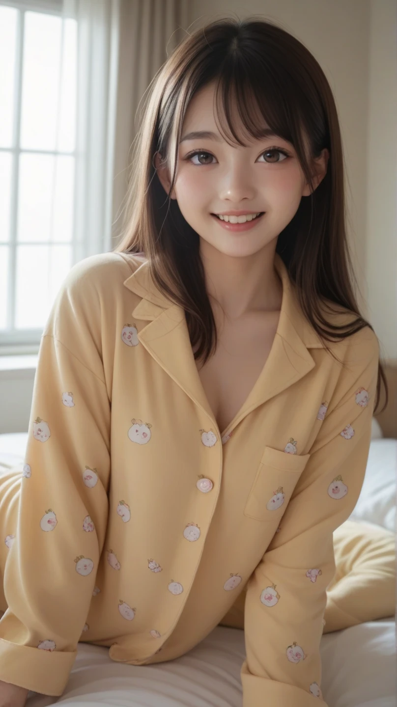 (score_9,score_8_up,score_7_up,Extremely high quality pictures ),  1 girl , Alone、Teenage Japanese woman 、In pajamas、I have a slight chest、 upper body raised in bed、 looking at me with a smile 、Bright sunlight coming through the window 、（ full body）、