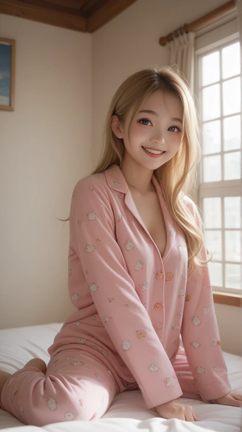 (score_9,score_8_up,score_7_up,Extremely high quality pictures ),  1 girl , Alone、Teenage Japanese woman 、In pajamas、I have a slight chest、 upper body raised in bed、 looking at me with a smile 、Bright sunlight coming through the window 、（ full body）、