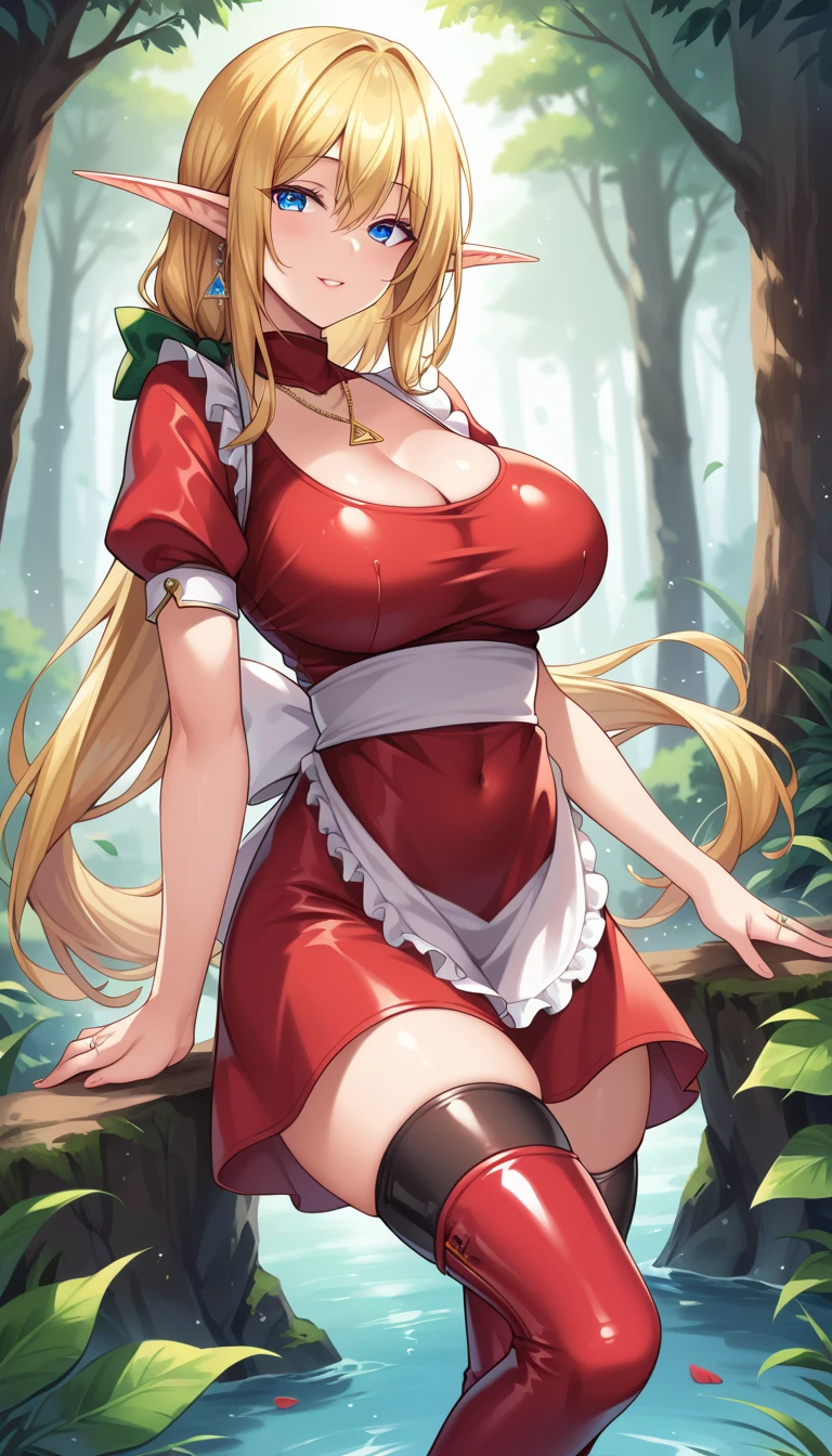 1 woman, solo, mature woman, beautiful face, beautiful eyes, detailed eyes (detail:1.2), detailed face (detail:1.2), great_breasts (scale:0.95), Stella_Greenly, elf_woman, long_blonde_hair, blue_eyes, wearing a red latex apron dress, white short-sleeve shirt under the dress, top square neckline, black latex thigh-high stockings, brown mesh boots, low ponytail with large green bow, green hair bow, silver wedding ring, gold triangle necklace, standing in the forest.
