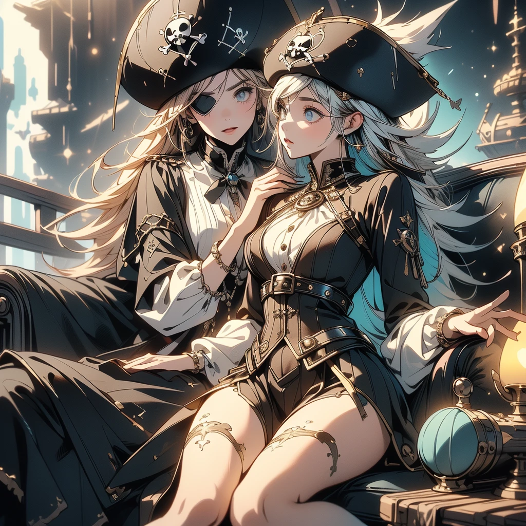 Pretty Pirate 、1girl,((( Dynamic Best Composition 、 super detailed 、 high definition、 top quality、 Masterpiece、 Official Art 、 Perfect Anatomy)))、 Milky White and Light Blue Gradation Hair Color、 Gothic Pirate Fashion 、 Pirate Hat 、 Cute Eyepatch 、 neon color、hologram、Surrounded by treasure 、 sitting on a luxurious sofa、