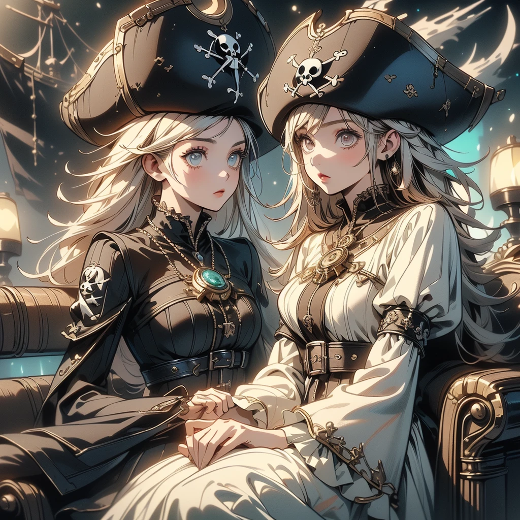 Pretty Pirate 、1girl,((( Dynamic Best Composition 、 super detailed 、 high definition、 top quality、 Masterpiece、 Official Art 、 Perfect Anatomy)))、 Milky White and Light Blue Gradation Hair Color、 Gothic Pirate Fashion 、 Pirate Hat 、 Cute Eyepatch 、 neon color、hologram、Surrounded by treasure 、 sitting on a luxurious sofa、