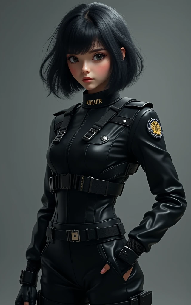 1 young cool girl, solo,look at the camera,wear police suit,extremely detailed CG unity 8k wallpaper,illustration,lens 135mm,masterpiece,(bracelet:1.3),(metal collar:1.3),white background,masterpiece,bestquality,masterpiece,best eyes,Standing, black quality,black_hair, masterpiece,best quality,dark persona,masterpiece,best quality,