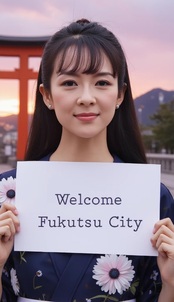  Front view, Name is Zhang Ziyi ,  1 woman, beautiful young Chinese woman,  30-age, (black hair, middle hair , fringe, beautiful dark blue eye, smile), (C cup breasts, wide hip), ( Japanese traditional Dark blue Kimono, kimono's below  flower pattern , White obi with flower pattern ) , White board hold both hands, writing word "Welcome Fukutsu City" front Shinto shrine, The Road of Light , sunset, (super detail, high details, high quality, accurate, anatomically correct, textured skin, beautiful fingers super detail, high details, high quality, best quality)