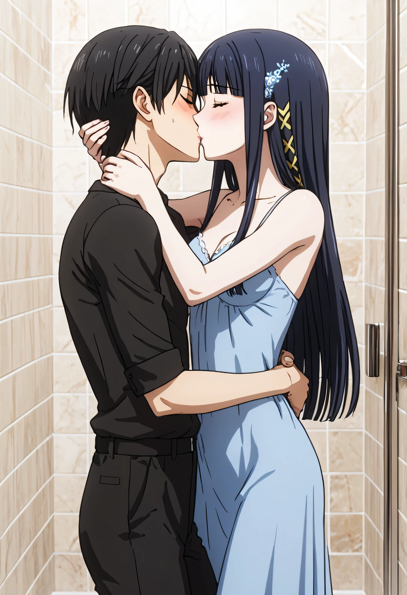 ( Masterpiece, Best Quality :1.2, incredible quality , very aesthetic, absurdres,newer),Official style,Day time,1 man and 1 woman,kissing,Hug,[Shiba Tatsuya(male)+Shiba Miyuki(femenino)], ( mahouka koukou no retousei),(adult:1.2),(very small head:1.2), black hair, long loose hair, eyes closed,horny,blushing with pleasure ,( ideal body proportions:1.2, slim body:1.2,skinny:1.2),( medium breasts),  Blue dress , black shirt black pants , In the shower room  