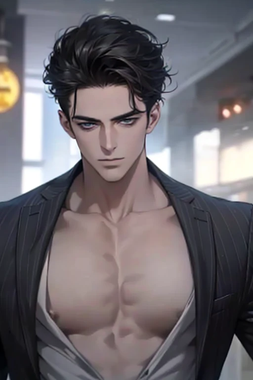 (absurdity, a high resolution, Ultra detailed, Original character), 1 Russian boy, One, adult, Beautiful, ((tall muscular guy, broad shoulders)), highly detailed eyes, ((Fluffy black hair)), hair between eyes, turquoise eyes, holographic, futuristic, Casual outfit, black raincoat, gun holster, shirtless, certain abs, big breasts, ((wear a black earring)), cowboy shot, Dutch corner, face concentrated, Cityscape with tower walls, dystopian city of Hong Kong, skyscrapers, blue, PURPLE, long face, closed mouth, I look at the viewer, depth of field, hips
