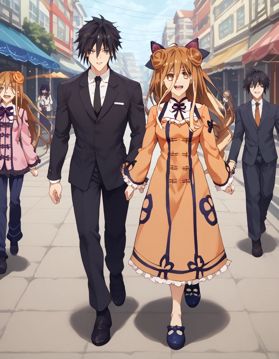 mukuro hoshimiya, date a live, walking down the street laughing together with two friends  ( a boy with black hair and one with brown hair) 