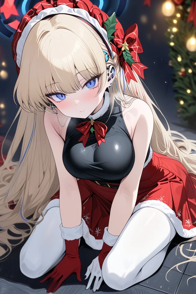 Toki blue archive, blond hair, blue eyes, Wearing a Christmas outfit, shiny red skirt, tight black top with white embroidery, white tights, bigboobs, 