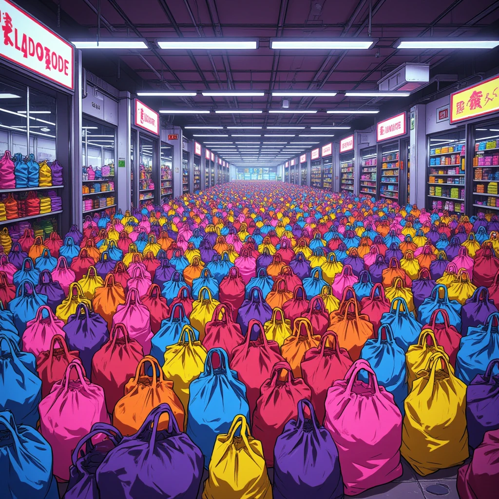 a close up of a large room filled with lots of bags, a colorized photo inspired by Beeple, pexels contest winner, maximalism, vaporwave mall aesthetic, beeple colors, hypermaximalistic, chungking express color palette, beeple |, beeple. hyperrealism, full of colour