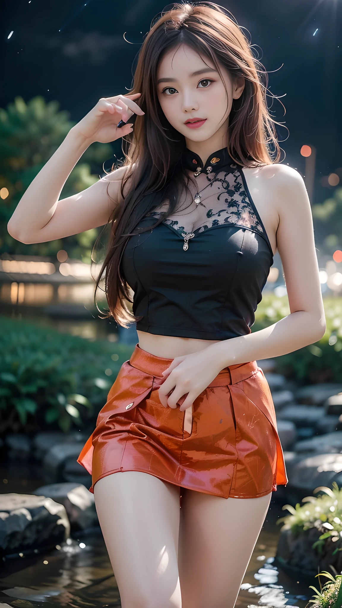 1girl, 19 years old, ((city in Vietnam)), ultra high resolution, (actual: 1.3)), ((random pose)), deep darkness, (best quality, masterpiece), shade, flustered, blushing, high detail, depth of field, film grain, wrinkled skin, looking at the viewer, dancing, warm smile, alone, dancing by a vast river in the middle of a wild forest, beautiful lanterns floating on the river, ((under the starry night sky, dark scene: 1.1))、(exposed thighs), sexy sheer lace black skirt, (masterpiece, best quality: 1.5)