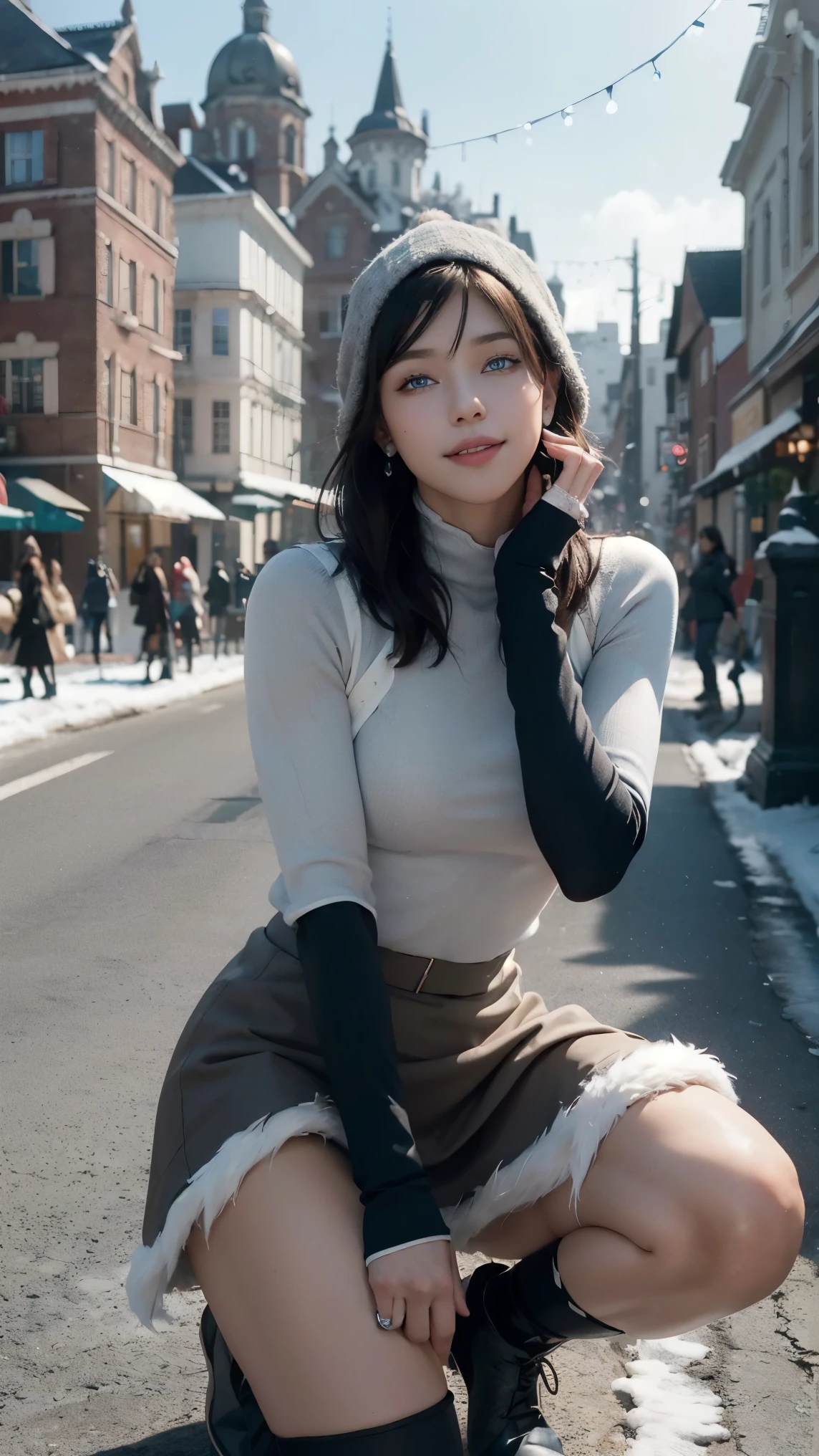 Korra,(best qualityer,4K,8k,high resolution,work of art:1.2)(weather: winter), Mondstadt mountain background, Christmas street, cropped winter coat, long sleeve gray winter hoodie, fingerless mittens, tight beige bodycon skirt, black pantyhose, tribal tattoos, winter high heels, small earrings, winter beanie, cheek mole, short straight hair, short black hair, ultra detailed, realistic, portrait,beautiful detailed sapphire blue eyes, glowing eyes,blush,beautiful detailed lips,extremely detailed eye and face, long eyelashes,sexy,average, large breasts,beaming smile, flirty smile, powerful girl, stretching pose, stunning curves, bright coloured, dramatic lighting, Christmas decorations,