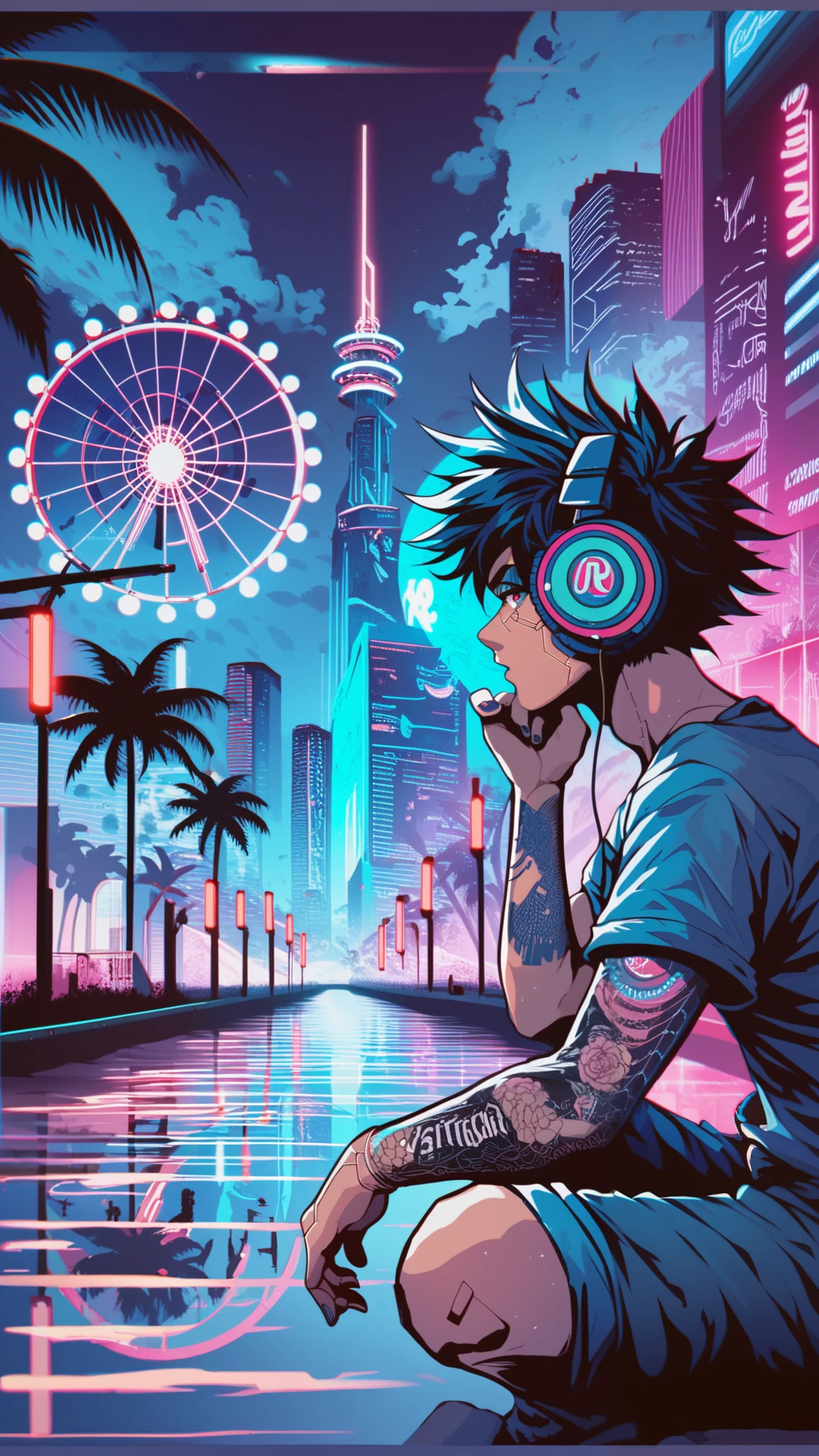 anime style, cool and edgy, thicker outlines, painterly elements, fine details, soft edges, A serene and lively night scene of a futuristic city**, neon lights illuminating tall buildings, palm trees, and a Ferris wheel, person with headphones gazing at the water, vibrant reflections, cyberpunk aesthetic, dynamic lighting, tattos, fashionable, posing, expression, stylish, striking, modern, fashion, ((boy)) 