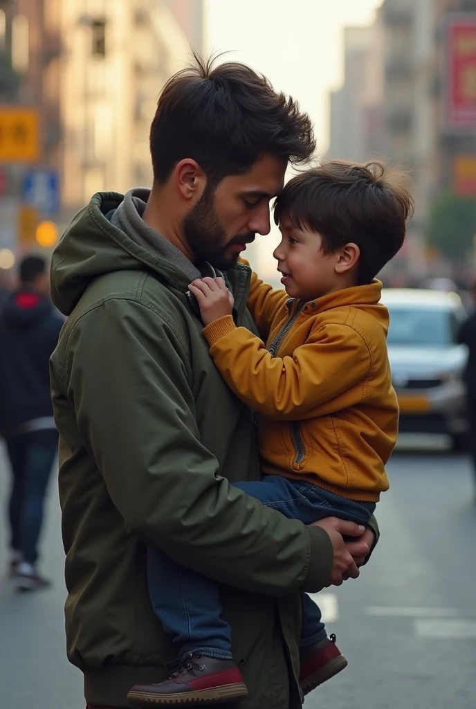 Complete Father's Day image, a Hispanic man walks backwards carrying his little 3-year-old son. Photorealism, full view, highly detailed image, very realistic, hyperrealism, Ultra HD, 8k, 5, sharp focus, intricate and mysterious masterpiece. (Long exposure photography Highly detailed close-up portrait art illustration: final quality, medium shot, backlit, rich and striking. Enigmatic and mysterious manipulations (rule of thirds composition), ((detailed environment with strong lines) The best quality, in camera , white light, warm and clean aesthetics, dazzling screen composed of millions of bright ultraviolet rays, HDR.