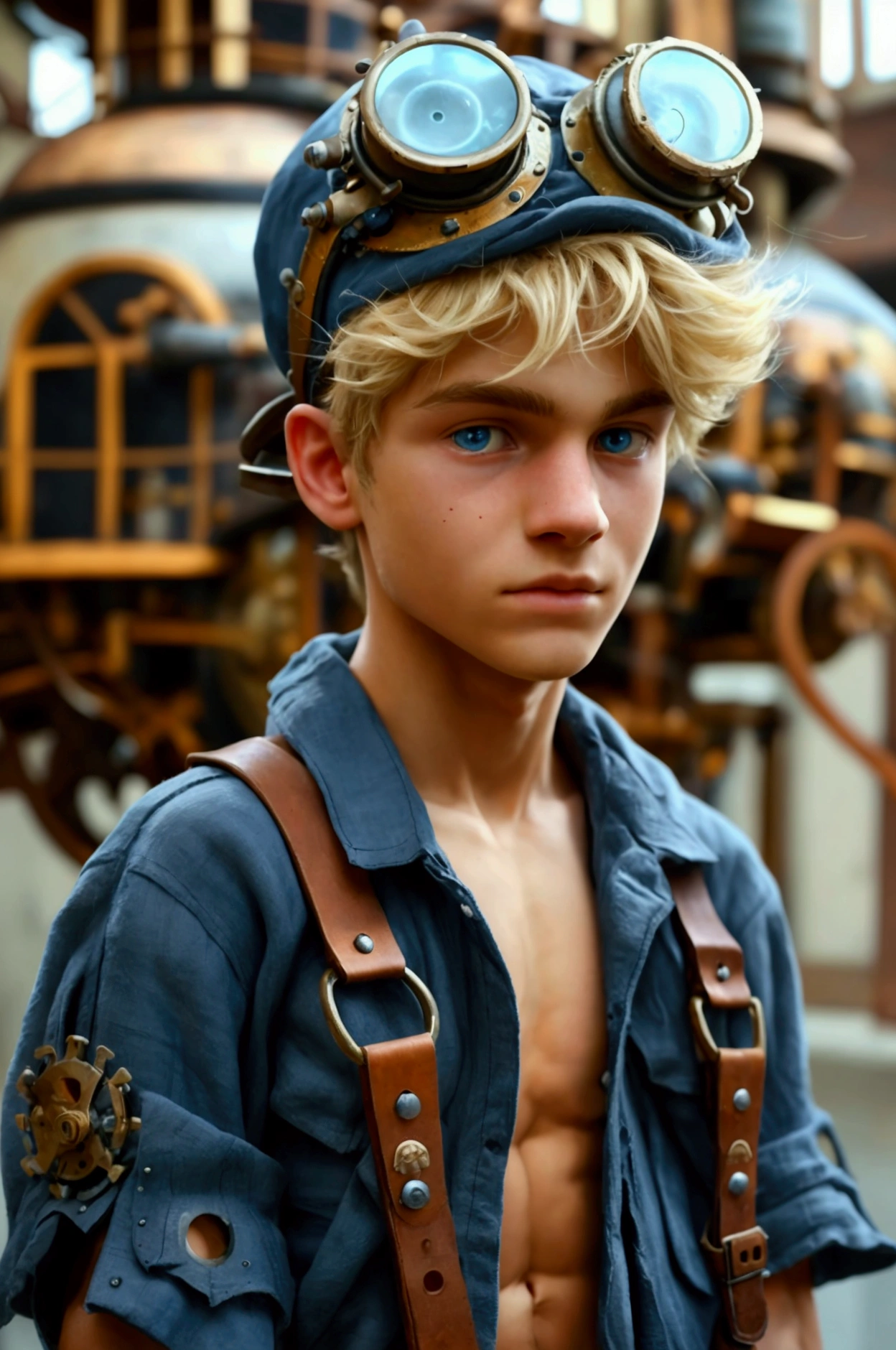 A full-body photo of a young  male cute boyish imature shirtless 18yo teenager steam punk mechanic's apprentice, Innocent face, innocent expression super skinny, blond, handsome, cute handsome boyish face,   ((wearing a tight linen loincloth. Ultra realism photo)). Full-body male focus. Focus on male cuteness.  Perfect anatomical proportions.(( Shirtless)) photographed in front of an intricately designed steampunk airship  with many intricate steampunk gadgets. Steampunk setting. Perfect face. His face is free from gadgets and blemishes.  (((Soft physique. Weak looking))) no shirt. naked. Atractive Bare feet stand on beautifulcl cobblestones, fuzzy calves. Smooth Weak thighs,  leather straps around his skinny knees. Vulnerable artistic nudity.