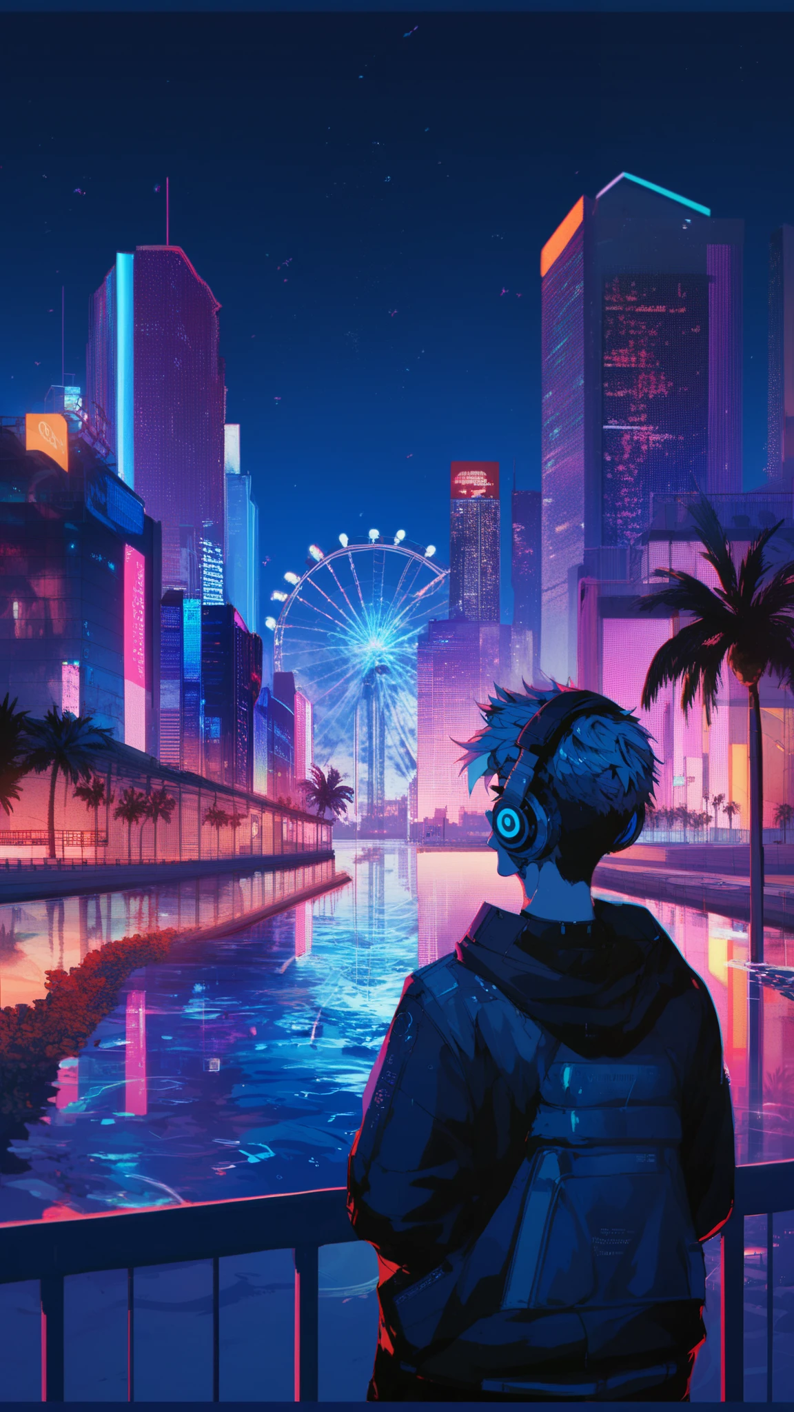 anime style, cool and edgy, thicker outlines, painterly elements, fine details, soft edges, A serene and lively night scene of a futuristic city**, neon lights illuminating tall buildings, palm trees, and a Ferris wheel, person with headphones gazing at the water, vibrant reflections, cyberpunk aesthetic, dynamic lighting, tattos, fashionable, posing, expression, stylish, striking, modern, fashion, ((boy)) 