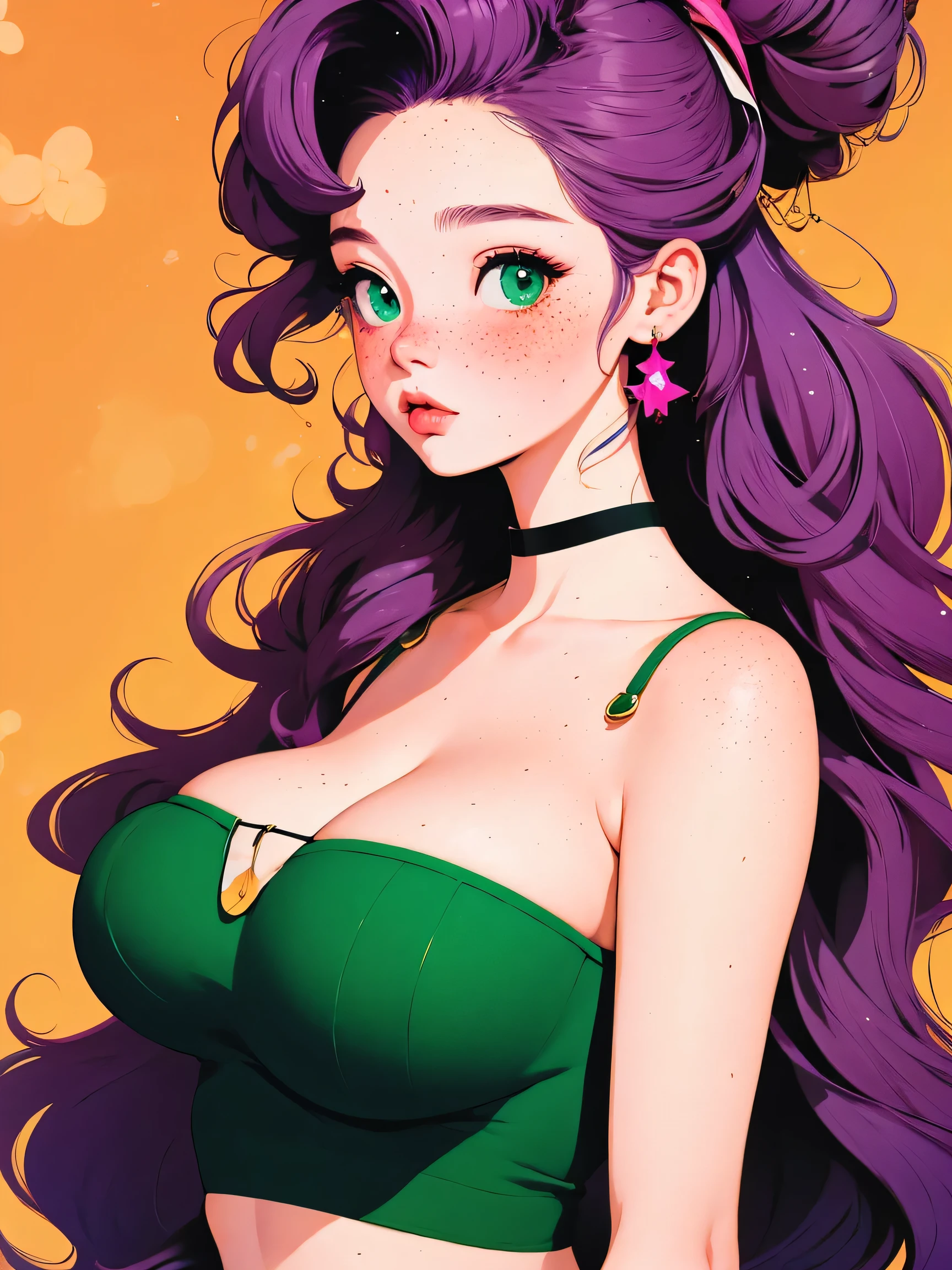 masterpiece mmylnglgs, Best Quality, big breasts, green eyes, blue pearl necklace, pink dress, Red lipstick 