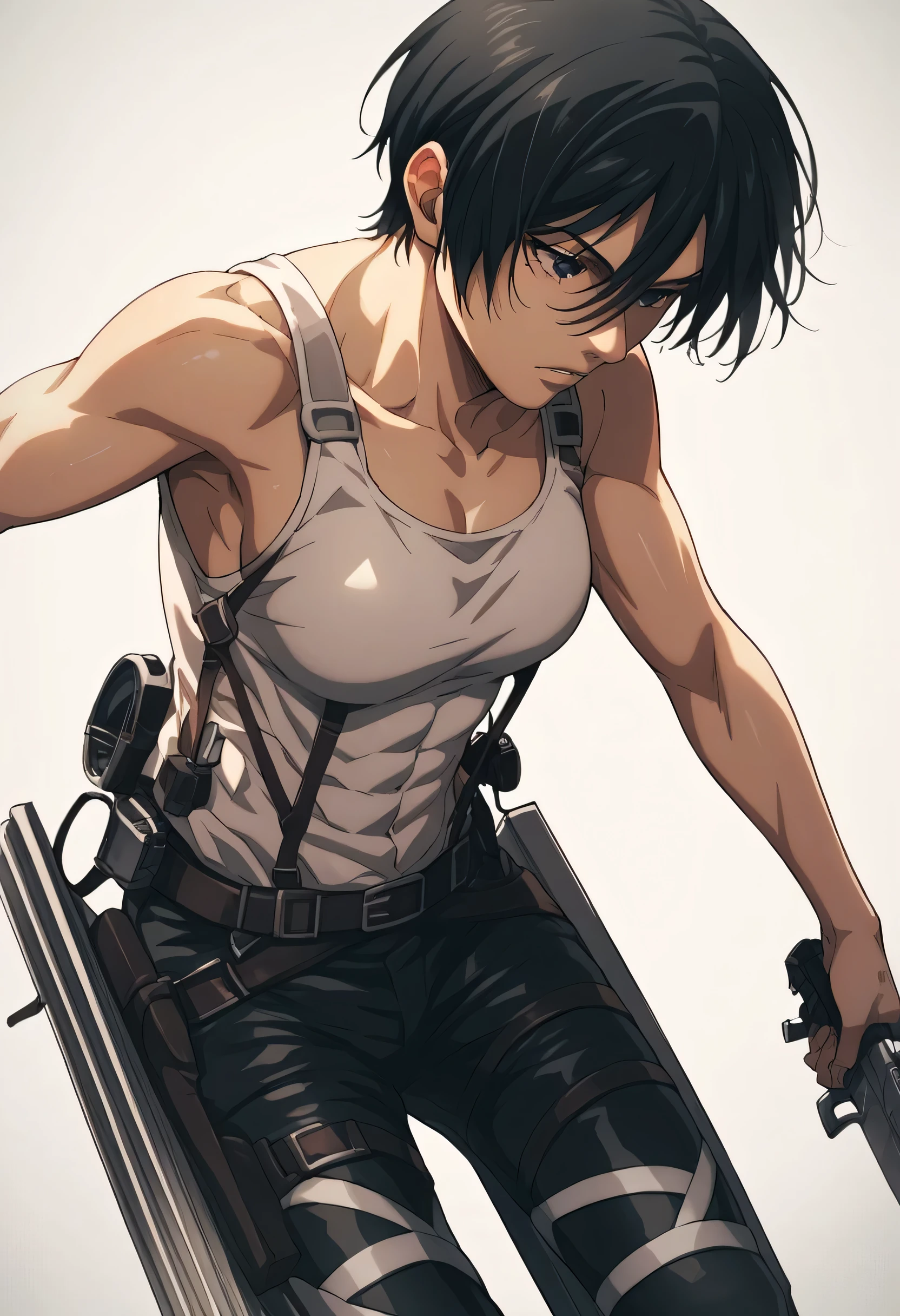 score_9, score_8_up, score_7_up, BREAK source_anime, adult mikasa ackerman, black eyes, black hair, short hair, tank top,black trousers 