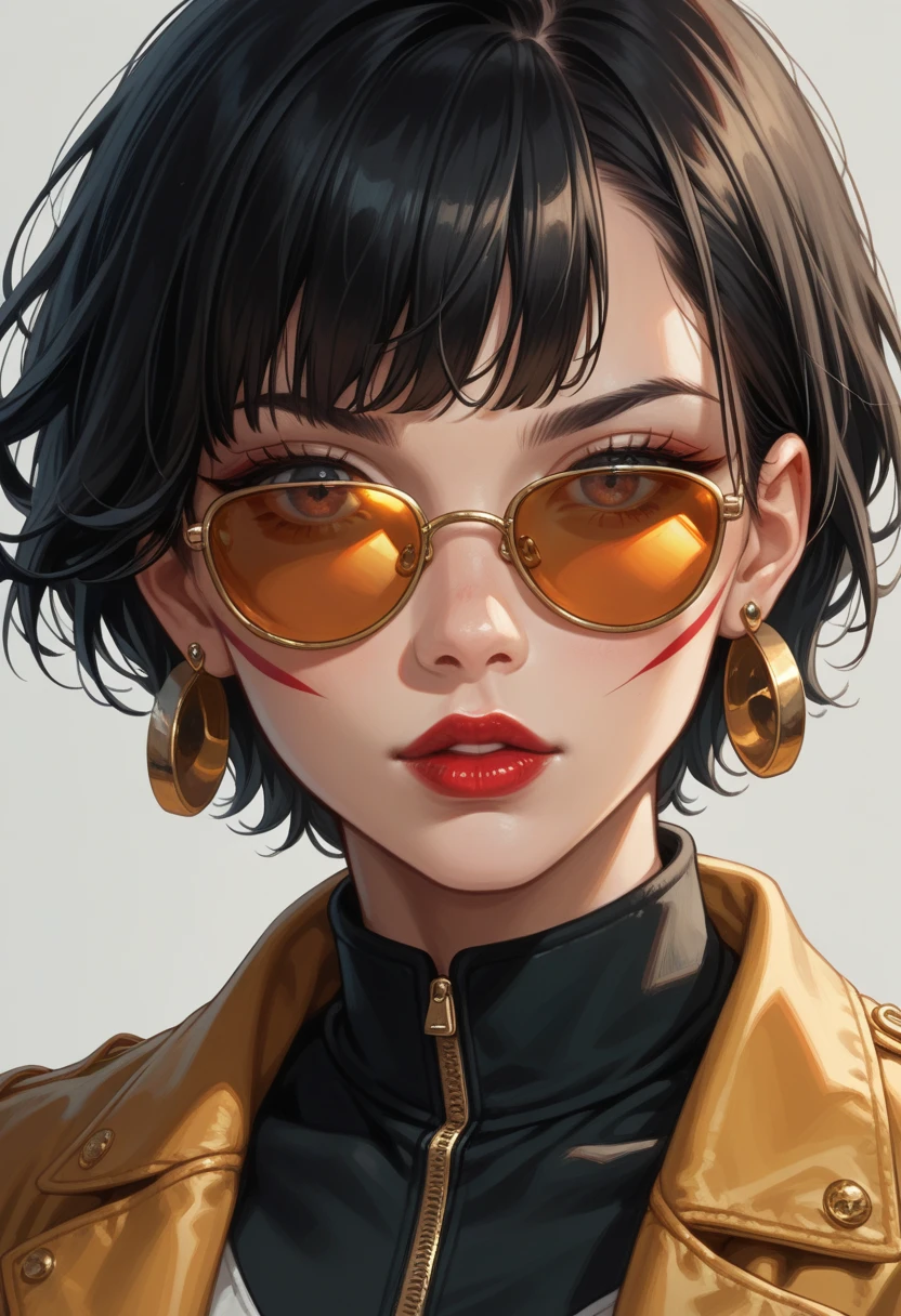 score_9, score_8_up, score_7_up, score_6_up, Portrait of a woman, face painted completely white like a geisha, red lips, golden sunglasses, messy straight black hair with bangs, hyper detailed,QXHTX,1girl,jewelry,solo,ring,earrings,short hair,sunglasses,black hair,tinted eyewear,jacket,lips,One hand in front of the eyes