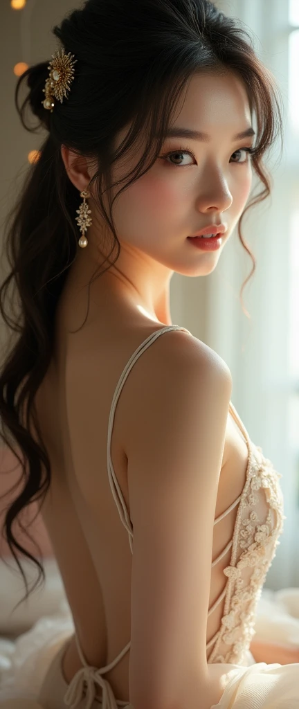 Casual pose, (extremely delicate and beautiful work), (masterpiece), 1 high girl, full body, high detail, leaky waist, twisted ponytail, happy, happy, charming expression, clear and beautiful eyes, exquisite earrings, fairy ears, simple blurred background, extreme detail description, beautiful and charming, ultra-fine painting, exquisite face, exquisite figure, exquisite collarbone, lovely lips, beautiful medium breasts, soft Behind, mix4, (8k, RAW photo, best quality, master:1.2), (realistic, photo-realistic:1.37), cute