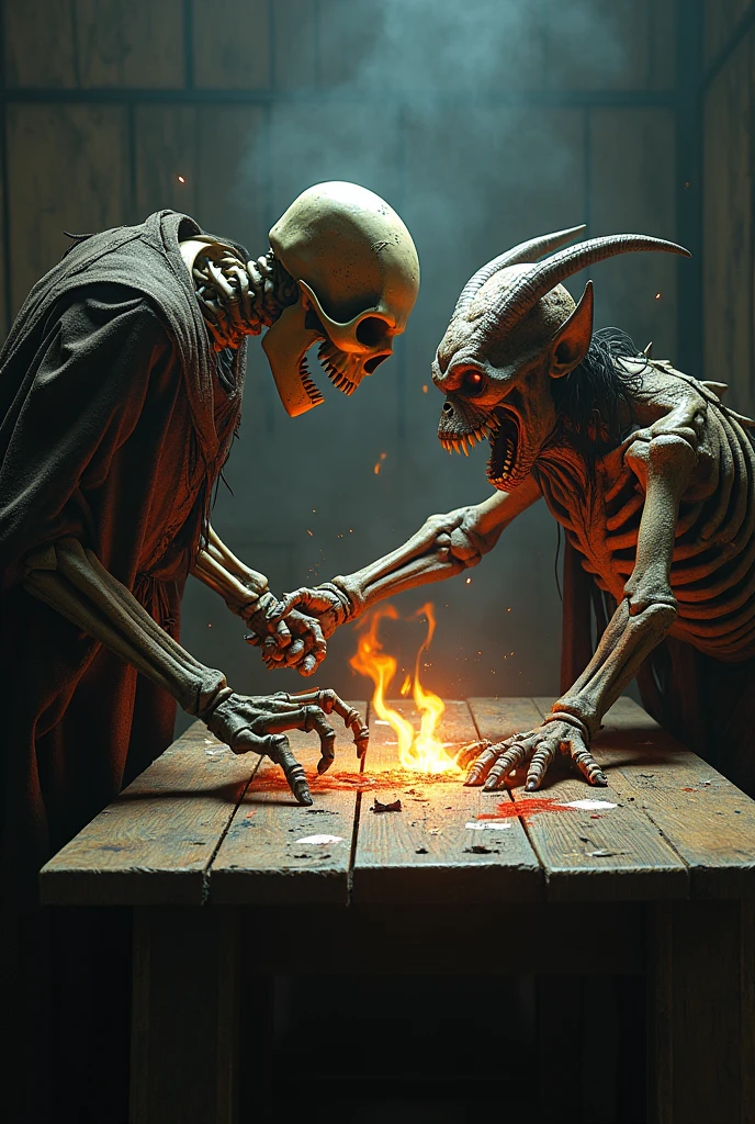 A skeleton with a bone necromancer armor, blue fire inside the skeleton, a fishing hook in the skeleton's hand, sitting playing on a pc with a T1 logo.