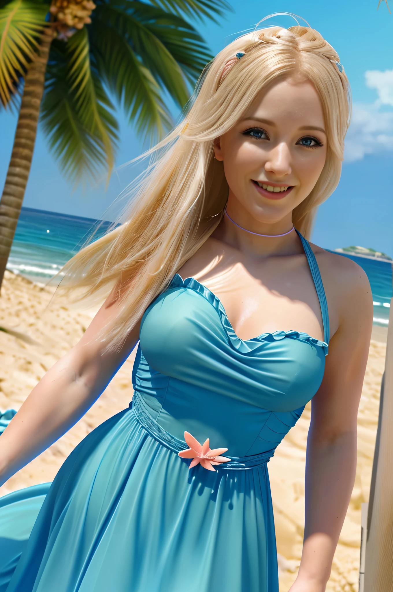 delicate and beautiful CG artwork),(best quality, ultra-detailed, high resolution),(dynamic angle, dynamic lighting),(1 character),(long pink and blonde hair), blue eyes, beautiful face), 1 girl, (long sideburns, plants, smile, long blue dress, 3 d, ocean, water, beach ball, sea shells, sunny, windy