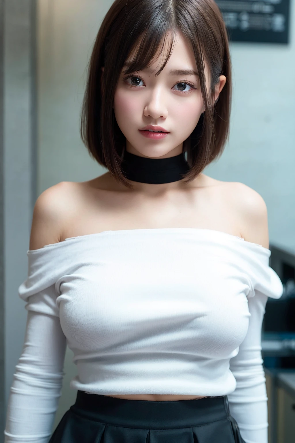 best quality, ultra high res, (photorealistic:1.4), 1girl, off-shoulder white shirt, black tight skirt, black choker, (faded ash gray hair:1), (huge breasts:1.2), looking at viewer, closeup 