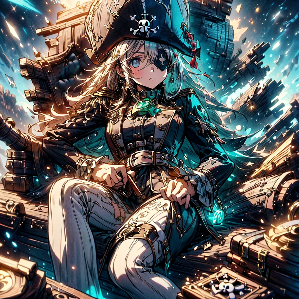 Pretty Pirate 、1girl,((( Dynamic Best Composition 、 super detailed 、 high definition、 top quality、 Masterpiece、 Official Art 、 Perfect Anatomy)))、 Milky White and Light Blue Gradation Hair Color、 Gothic Pirate Fashion 、 Pirate Hat 、 Cute Eyepatch 、 neon color、hologram、Surrounded by treasure 、 sitting on a luxurious sofa、