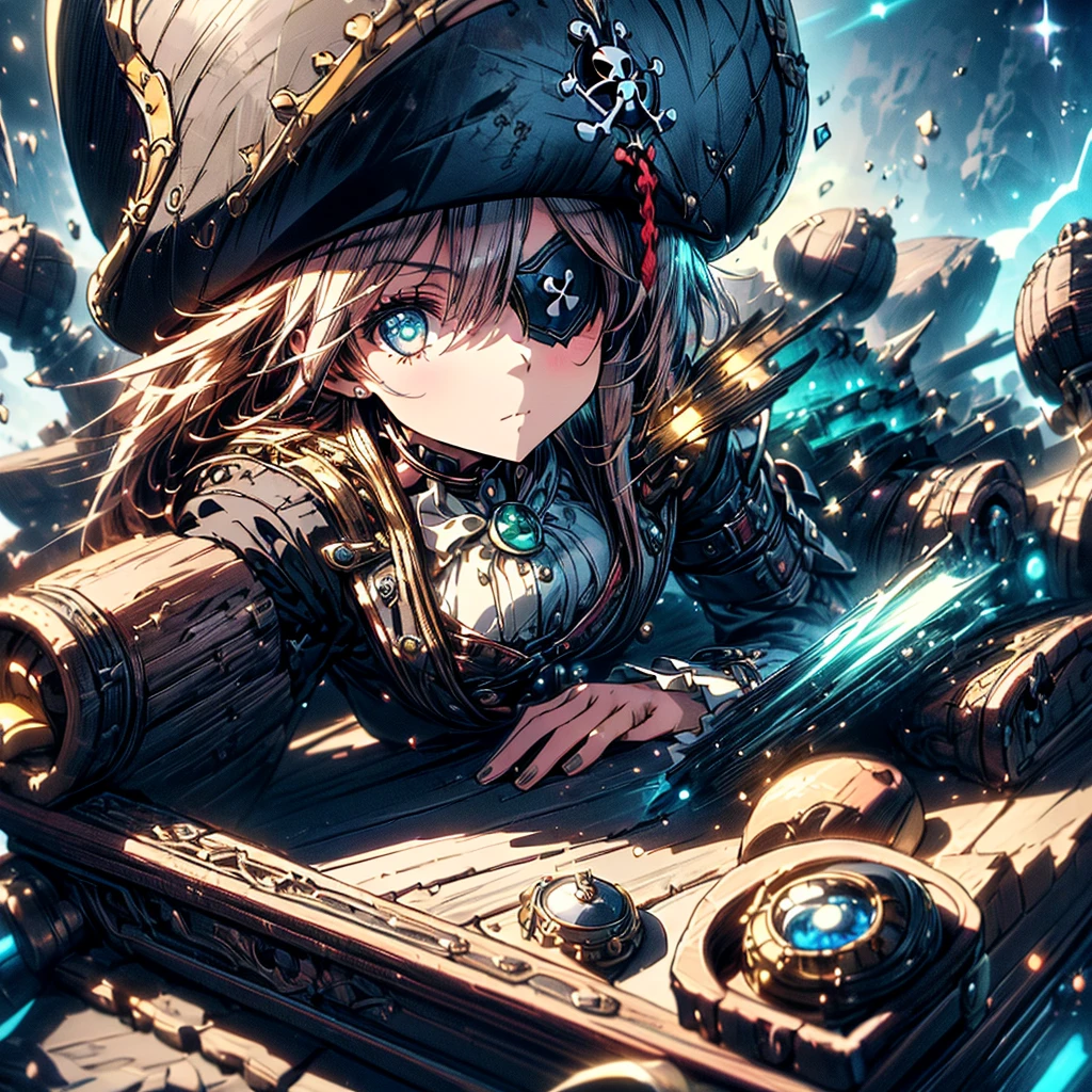 Pretty Pirate 、1girl,((( Dynamic Best Composition 、 super detailed 、 high definition、 top quality、 Masterpiece、 Official Art 、 Perfect Anatomy)))、 Milky White and Light Blue Gradation Hair Color、 Gothic Pirate Fashion 、 Pirate Hat 、 Cute Eyepatch 、 neon color、hologram、Surrounded by treasure 、 sitting on a luxurious sofa、