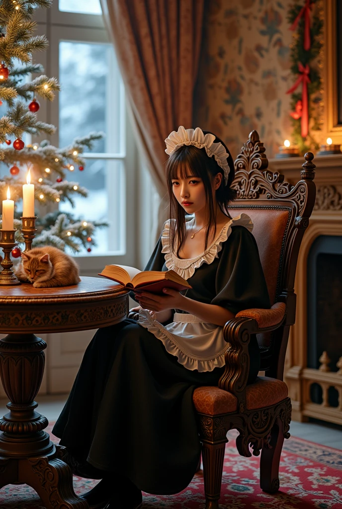 ultra-realistic, photorealistic, dramatic scene, shadow, global-illumination, documentary photo, solo, (teenage Japanese famous idol girl), very beautiful fragile Japanese girl, very beautiful with very cute but boyish cool face, detailed face skin texture, face focus, (maid), (wearing a traditional raffled maid outfit with long skirt), (black tights), (very large breasts), slim waist, simple black shoes, She is reading a novel book, sitting, blanket on her legs, at the antique room in the European old castle, gorgeous antique furnishings, gorgeous antique chair and table, candle, gorgeously illuminated Christmas tree, fire place, the cat is sleeping on the table, spectacular view of snowstorm through the window, curtain, 