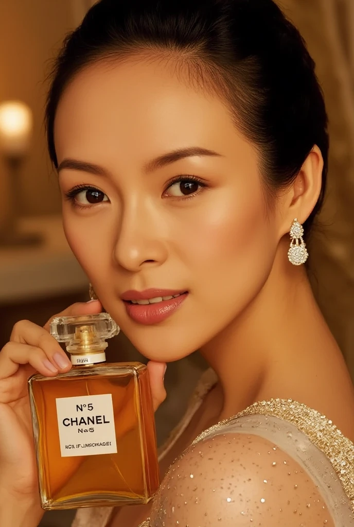 CM poster "Chanel's No. 5 for you " written in middle Red decoration of gorgeous letters at the upon the screen,　front view, Zhang Ziyi , right hand hold   Chanel's No. 5 perfume from own face, smile , middle cut, golden hair,  Chanel design earing,  White Chanel dinner simple dress,  candle light, in home, night( super detailed,   High Details  ,  High Quality , Accurate,  anatomically correct , textured skin, beautiful fingers  super detailed,   High Details  ,  High Quality ,  High Quality )
