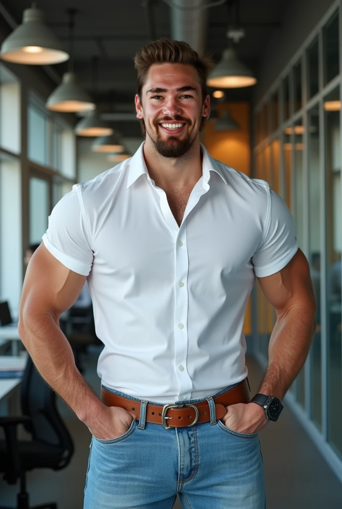Fotografía realista, 35-year-old muscular (((atletic man))) , , View from below, de perfil, , white shirt and very tight light blue jeans, brown belt, de perfil, Big , viendo a cámara, Smiling , at office, Big , hombre , muy nalgon, nalgas marcadas de perfil nalgon