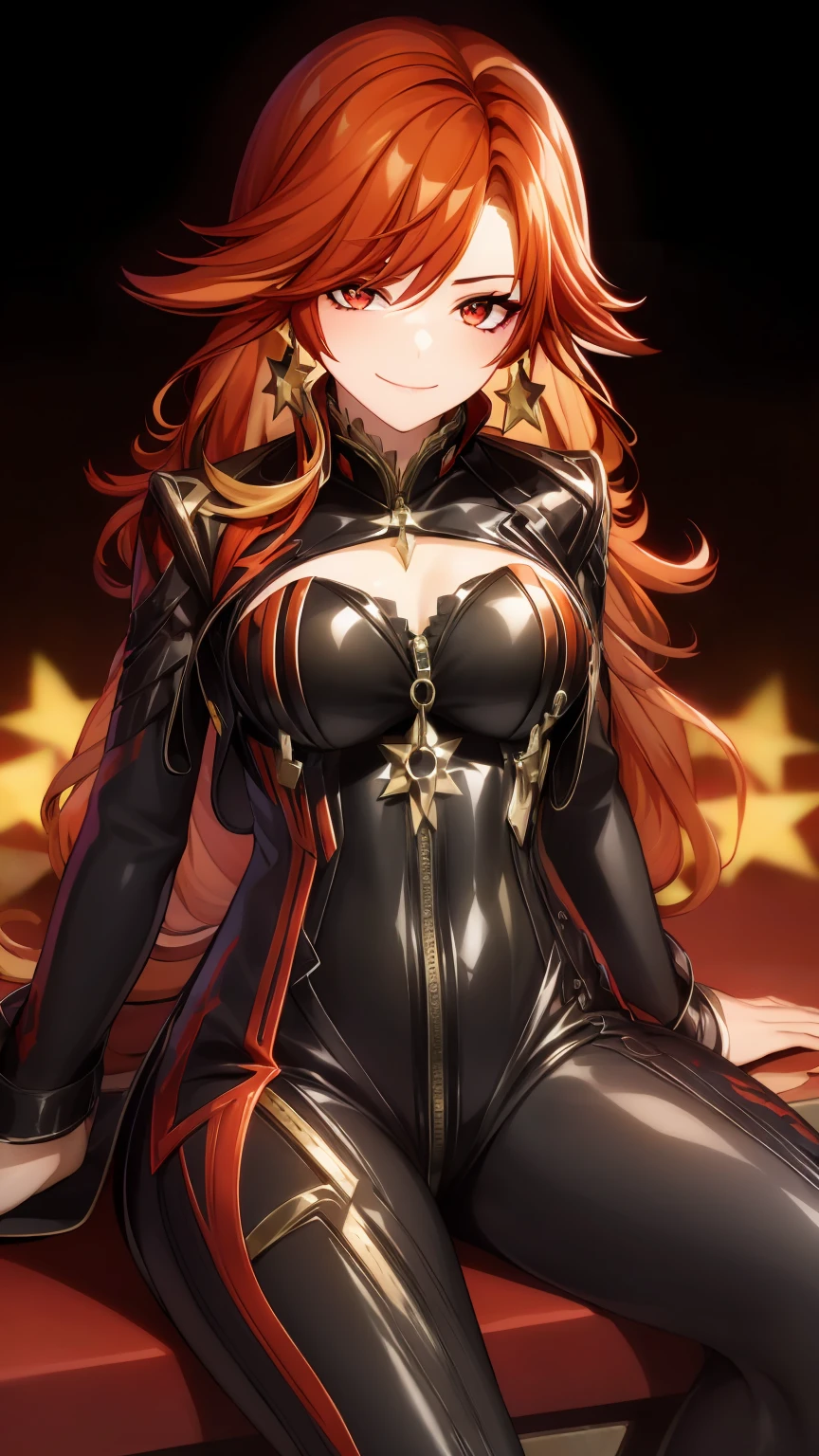  red-haired Mavuika ,  motorcycle clothing, sitting on her motorcycle ,  smiling,  red eyes with a star in the middle , pulling down the zipper of his suit  