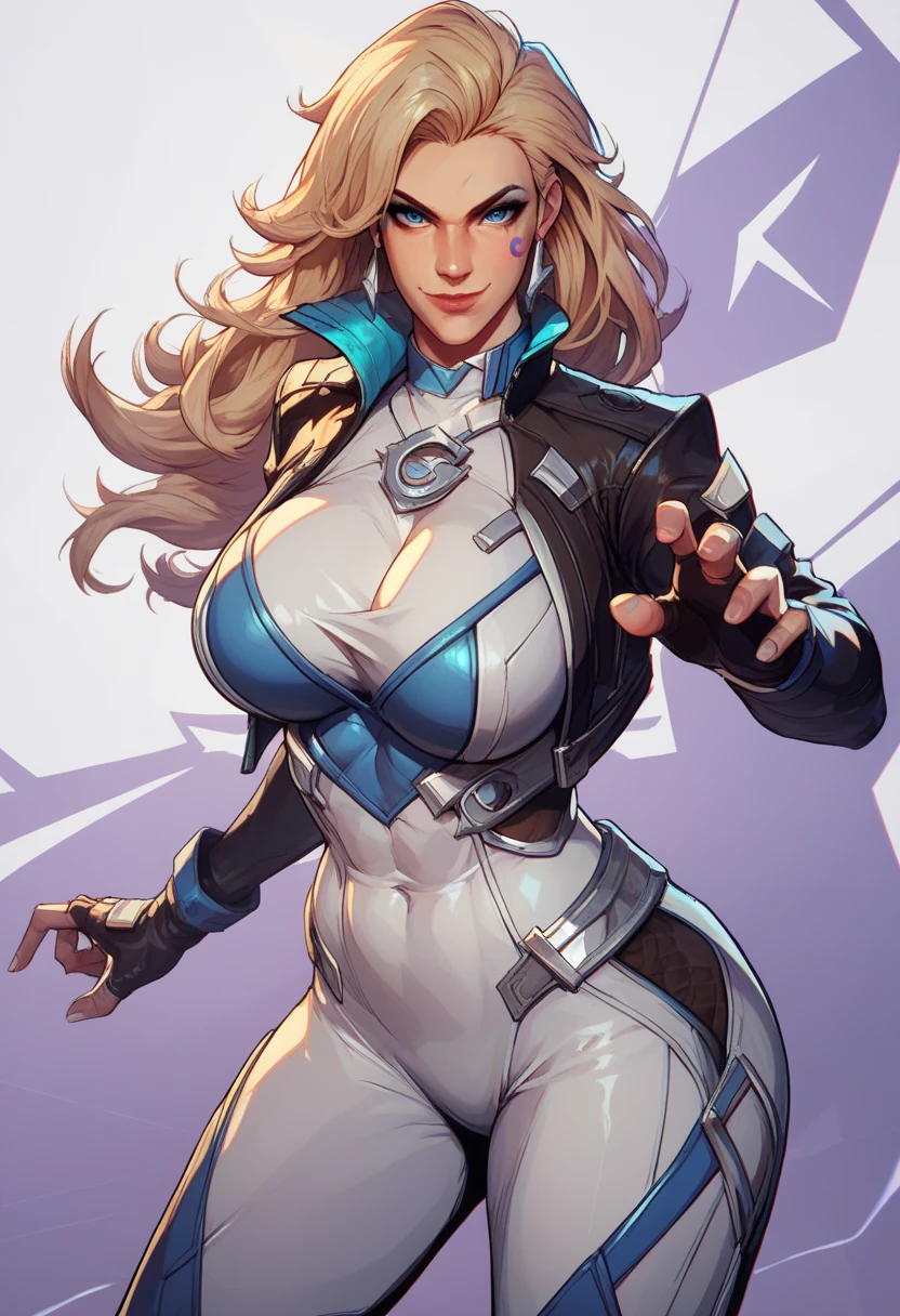 (huge breasts:1.2), score_9, score_8_up, score_7_up, score_6_up, expressiveh, dagger_rivals, 1girl, solo, cowboy shot, blonde hair, long hair, eyeliner, blue eyes, moon mark, earrings, from front, cropped jacket, bodysuit, white bodysuit, white clothes, fingerless gloves, blue details, looking at viewer, purple background, geometric shapes score_9, score_8,score_7, score_6,perfect quality, best quality, skin texture, 1girl, indoors, cowboy shot,,seductive,dynamic pose, gotonai_dagger,blonde,jacket, bodysuit, face tattoo,smile,looking at viewer, smirk,dynamic pose:1.2, (white background, simple background:1.3)
