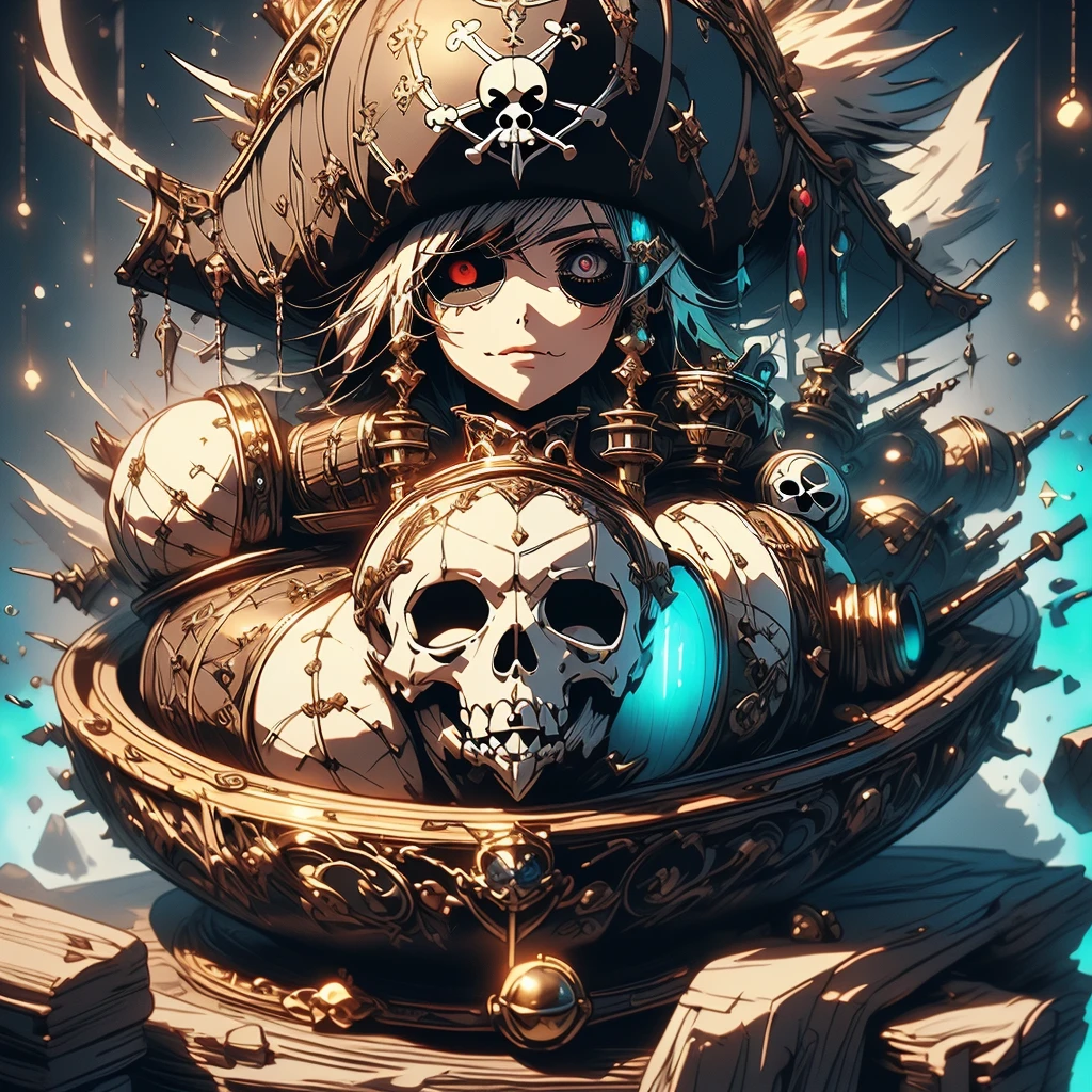 Pretty Pirate 、1girl,((( Dynamic Best Composition 、 super detailed 、 high definition、 top quality、 Masterpiece、 Official Art 、 Perfect Anatomy)))、 Milky White and Light Blue Gradation Hair Color、 Gothic Pirate Fashion 、 Pirate Hat 、 Cute Eyepatch 、 neon color、hologram、Surrounded by treasure 、 sitting on a luxurious sofa、