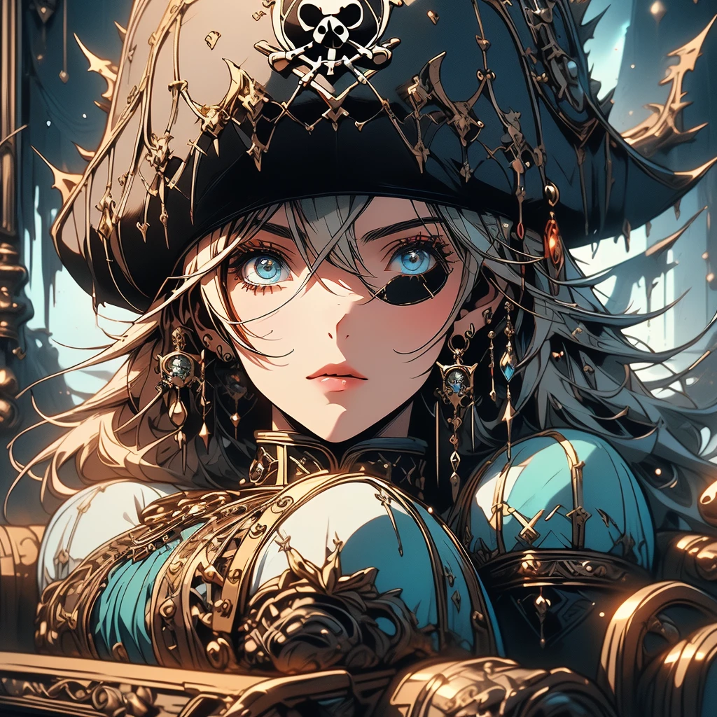 Pretty Pirate 、1girl,((( Dynamic Best Composition 、 super detailed 、 high definition、 top quality、 Masterpiece、 Official Art 、 Perfect Anatomy)))、 Milky White and Light Blue Gradation Hair Color、 Gothic Pirate Fashion 、 Pirate Hat 、 Cute Eyepatch 、 neon color、hologram、Surrounded by treasure 、 sitting on a luxurious sofa、