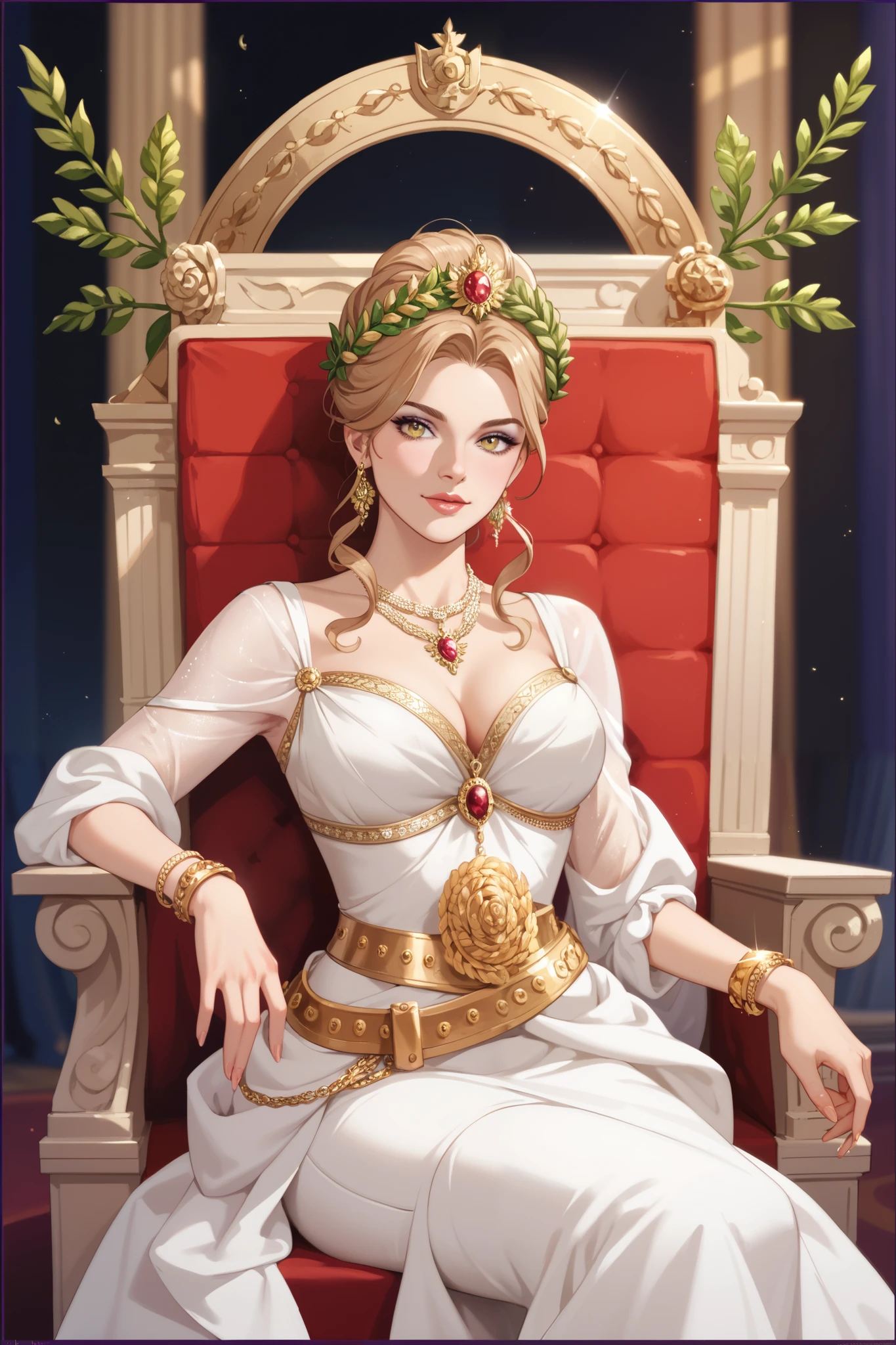 25-year-old woman from ancient Greece, hair blonde, dressed in a red linen dress with a belt and numerous golden accessories. There is a beautiful tiara on her head. She rested her foot on the column and tilted her head slightly.