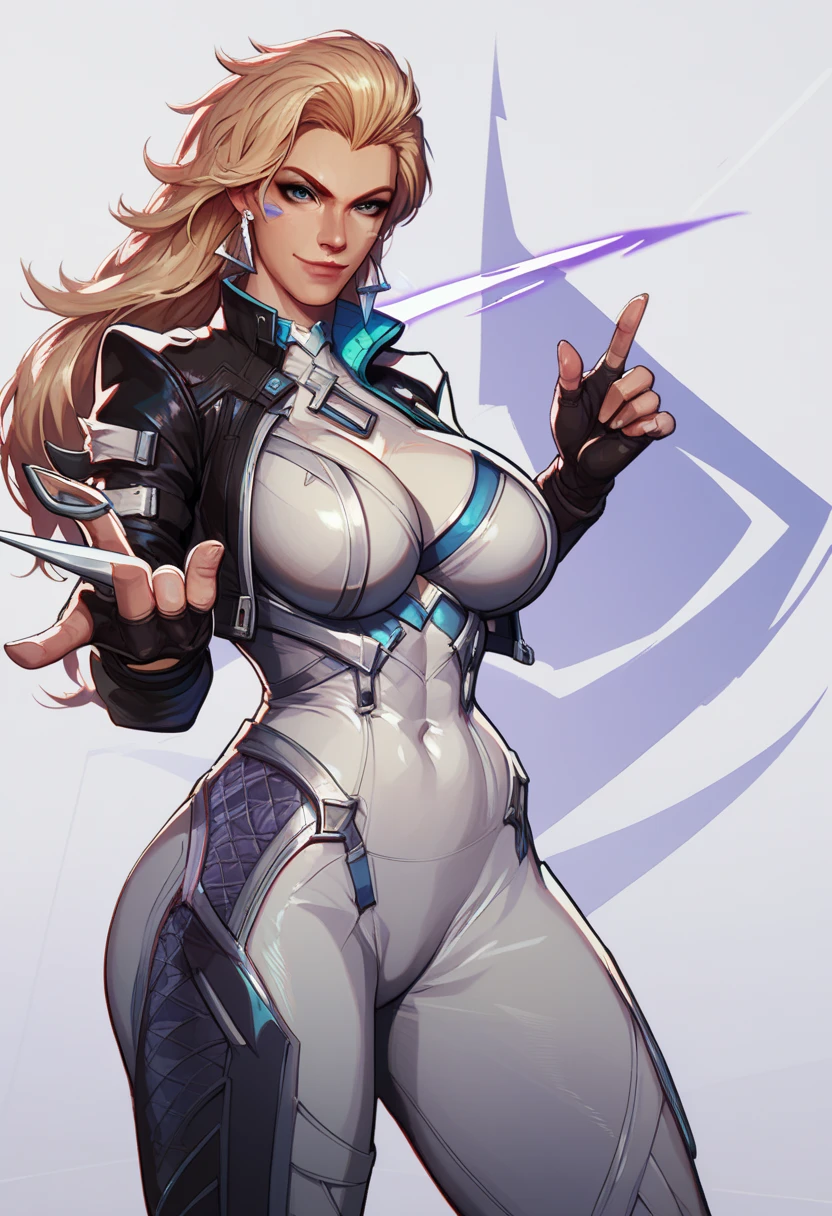 (huge breasts:1.2), score_9, score_8_up, score_7_up, score_6_up, expressiveh, dagger_rivals, 1girl, solo, cowboy shot, blonde hair, long hair, eyeliner, blue eyes, moon mark, earrings, from front, cropped jacket, bodysuit, white bodysuit, white clothes, fingerless gloves, blue details, looking at viewer, purple background, geometric shapes score_9, score_8,score_7, score_6,perfect quality, best quality, skin texture, 1girl, indoors, cowboy shot,,seductive,dynamic pose, gotonai_dagger,blonde,jacket, bodysuit, face tattoo,smile,looking at viewer, smirk,dynamic pose:1.2, (white background, simple background:1.3)
