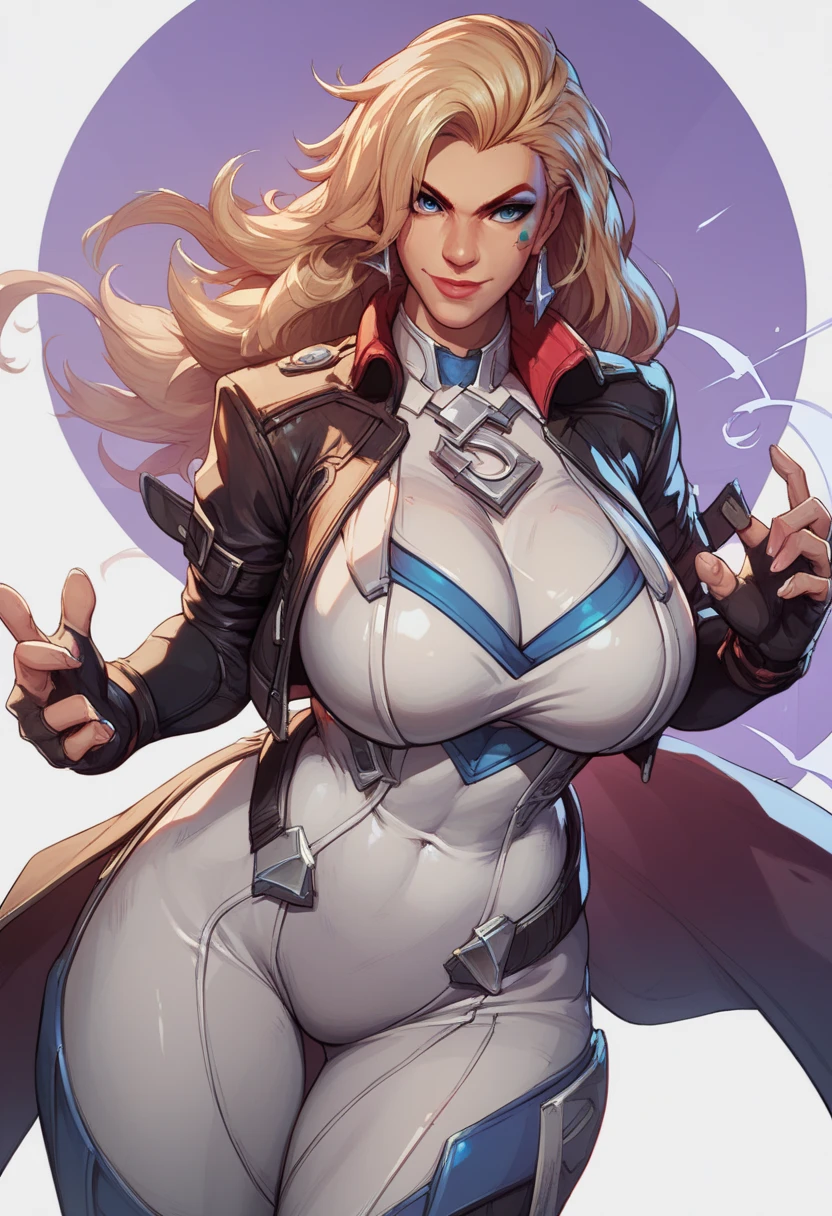 (huge breasts:1.2), score_9, score_8_up, score_7_up, score_6_up, expressiveh, dagger_rivals, 1girl, solo, cowboy shot, blonde hair, long hair, eyeliner, blue eyes, moon mark, earrings, from front, cropped jacket, bodysuit, white bodysuit, white clothes, fingerless gloves, blue details, looking at viewer, purple background, geometric shapes score_9, score_8,score_7, score_6,perfect quality, best quality, skin texture, 1girl, indoors, cowboy shot,,seductive,dynamic pose, gotonai_dagger,blonde,jacket, bodysuit, face tattoo,smile,looking at viewer, smirk,dynamic pose:1.2, (white background, simple background:1.3)
