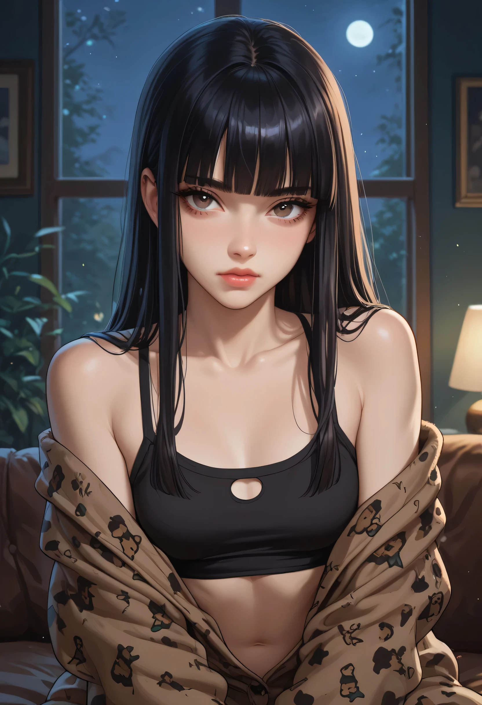 1girl, dark colors pajama topped crop, DARK HAIR, hime cut, looking at viewer, livingroom back. (Slim Body), portrait. (NIGHT:1.4).