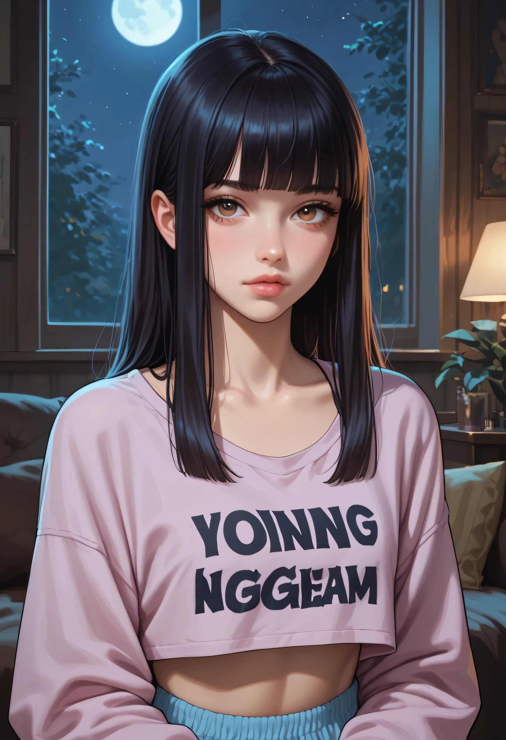 1girl, dark colors pajama topped crop, DARK HAIR, hime cut, looking at viewer, livingroom back. (Slim Body), portrait. (NIGHT:1.4).