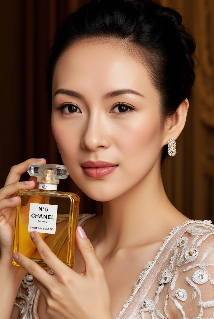 CM poster "Chanel's No. 5 for you " written in middle Red decoration of gorgeous letters at the upon the screen, Font view,  cowboy shot, Zhang Ziyi , right hand hold   Chanel's No. 5 perfume from own face, smile , middle cut, golden hair,  Chanel design earing,  White Chanel dinner simple dress,  candle light, in home, night( super detailed,   High Details  ,  High Quality , Accurate,  anatomically correct , textured skin, beautiful fingers  super detailed,   High Details  ,  High Quality ,  High Quality )
