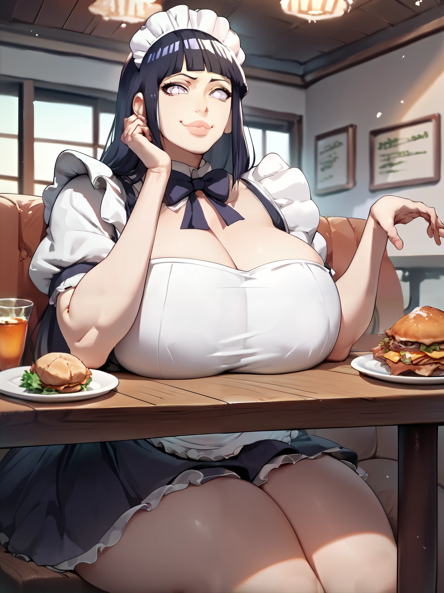 source_anime, hinata hyuuga, 
1girl, big lips, solo, sitting at restaurant table, wearing maid outfit, huge breasts, breasts on table, thickthighs under the table, smug, chin_rest, looking at viewer