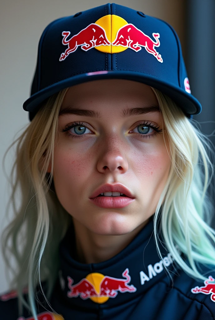 young woman, ultratextured skin, blue eyes, rough expression, bruses on face, straight gesture, two braided shiny hair, black crop top, tracksuit trousers, slavic ethnicity, blond hair, portrait, ultra high resolution, red bricks graffiti background, outdoor, lamp light lighting, facing camera, cheeky emotion, upper lip scar, sport wear, hands crossed on chest, wrists hidden, bright green makeup, young adult, acid color palette.

